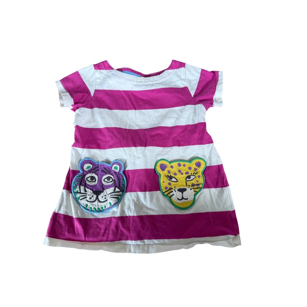 Mini Boden Girls Pink White Striped Jersey Dress Leopard Tiger Patches 2-3Y
